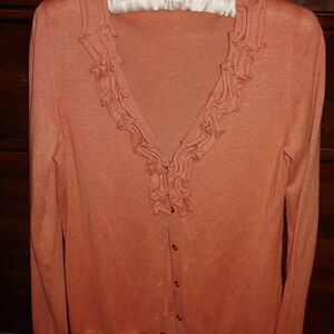 Wool blend Talbots Sweater ruffled neckline with full buttons. Size Small. Light